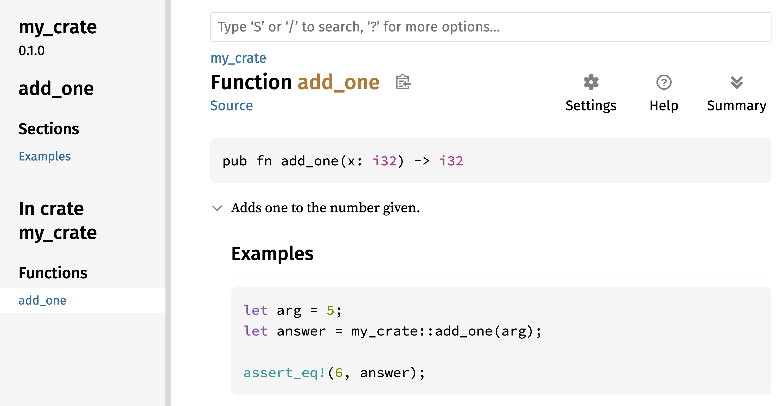 `my_crate` 的 `add_one` 函数的渲染 HTML 文档